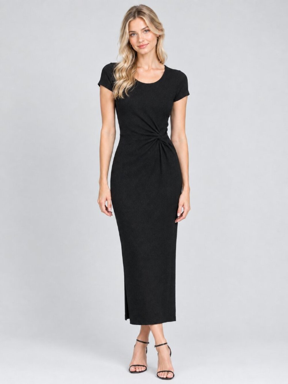 Elie Tahari Ribbed Twisted Front Midi Dress Short Sleeve Black Small #A4401
